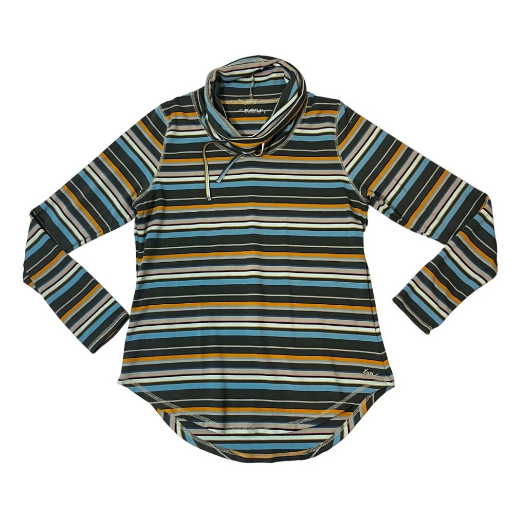 Kavu Shirt women's L blue green striped cowl neck pullover long sleeve